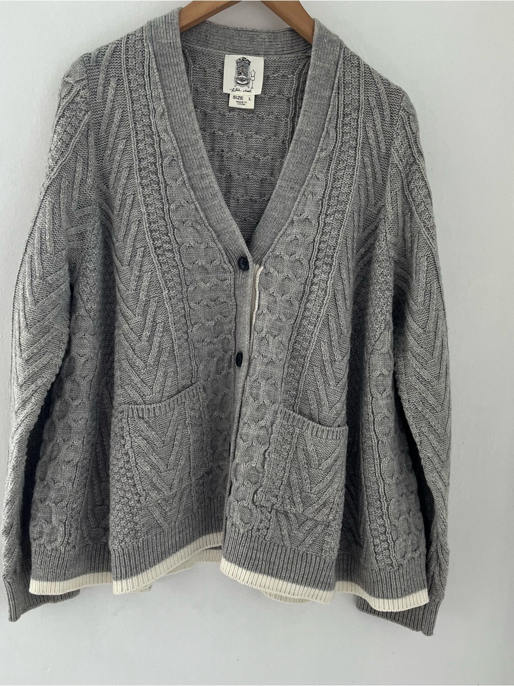 Cable-Knit V-Neck Fisherman Cardigan in Heather Gray with Contrast Hem